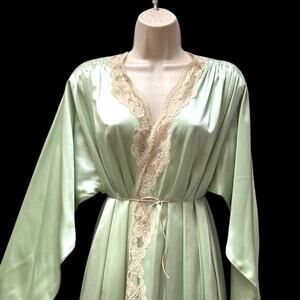 Vintage Loré Satin Robe XS Mint Green Peignoir Lace Glam Hollywood Pinup 1950-80